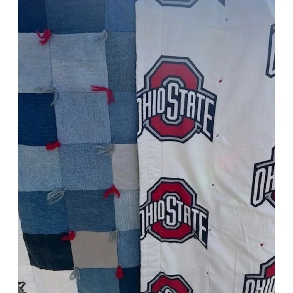 Handmade Ohio State Buckeyes Reversible Denim Patchwork Quilt Tied Throw Blanket
